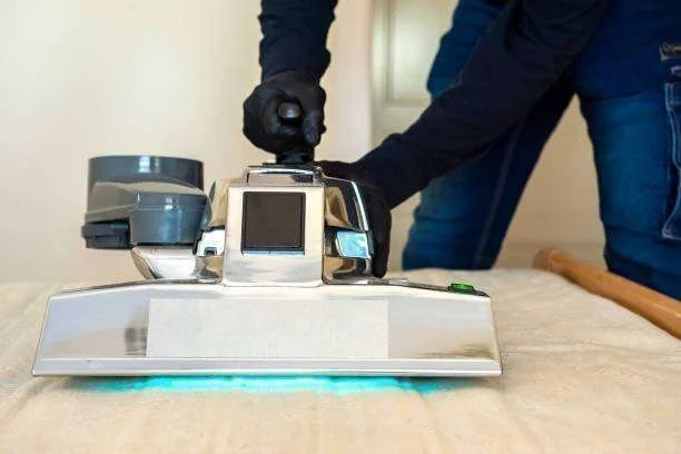 Mãos com luvas operando máquina de limpeza cromada com luz azul sobre estofado bege