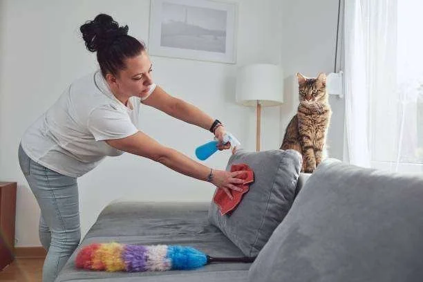 Mulher limpa estofado cinza com spray e pano, com gato tabby sentado no sofá e espanador colorido