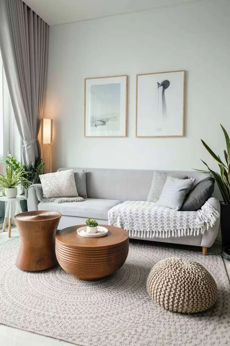 Sala de estar moderna com sofá cinza, mesas de centro de madeira, tapete redondo, plantas e quadros na parede