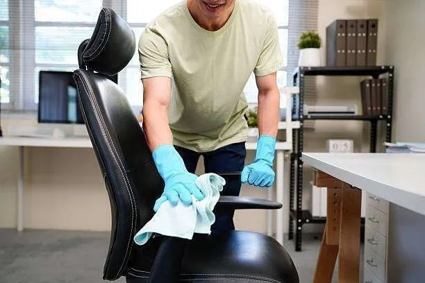 Pessoa com luvas e pano branco limpando uma cadeira de escritório preta em um ambiente de escritório
