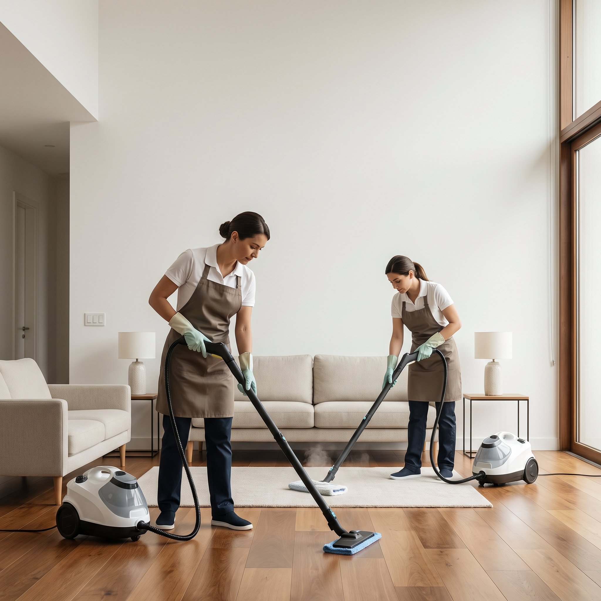 Fotografia profissional ilustrando pessoas atendendo uma casa com procedimento de higienização com foco em soluções inteligentes no nicho de outros.